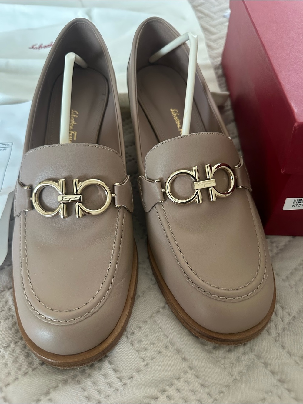 Salvatore Ferragamo Taupe Leather Gancini Loafers with Gold Hardware